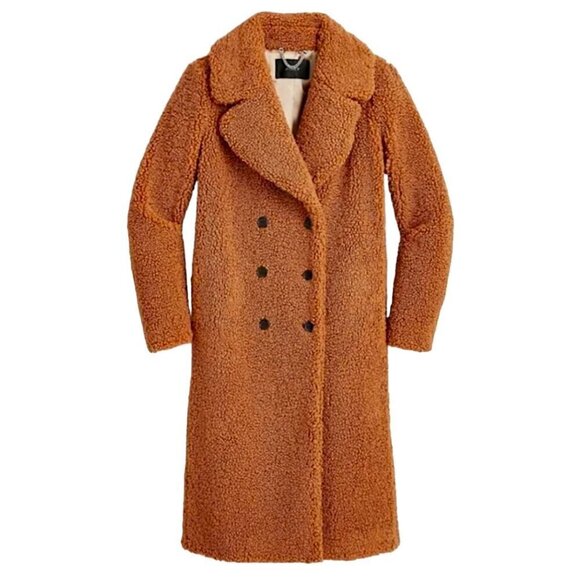 J CREW Double Breasted Teddy Sherpa Topcoat Coat Adobe Clay Brown NEW! - Picture 2 of 13